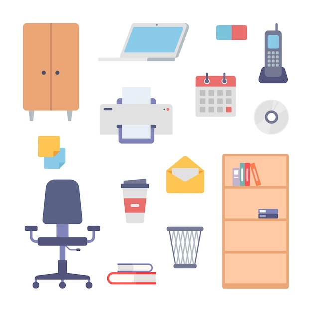 Office interior work items icon set. Filing cabinet and modern adjustable chair