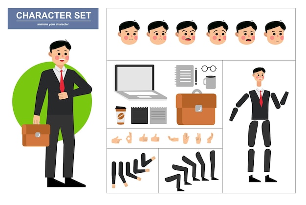 Office man character constructor with various views face emotions poses gestures and office tools