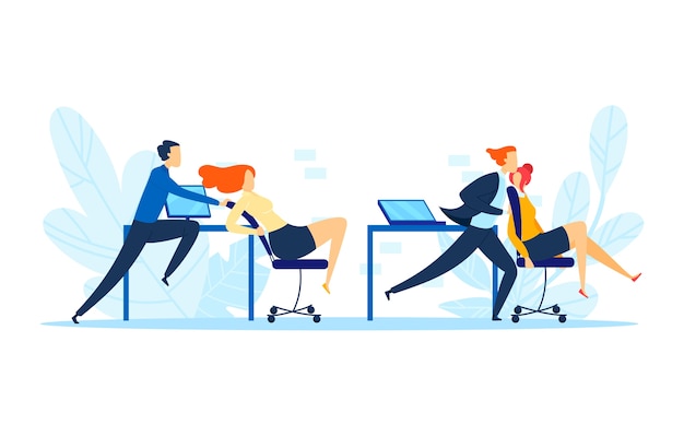 Office man person ride on chair, illustration. Business happy people fun relaxation at workplace, cheerful cowoker riding. Female male friendship at job, carefree pushing competition.