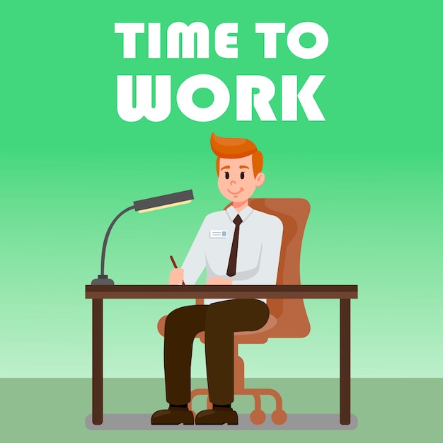 Office Man Sitting at Desk Vector Illustration