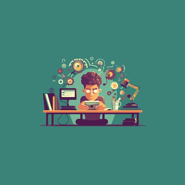 office man sitting in front of computer thinking