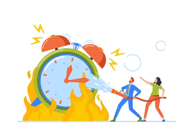 Office Man and Woman Extinguish Huge Burning Clock with Water Hose Time is Over Concept with Male Female Characters