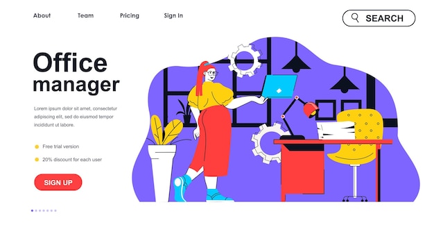 Office manager concept for landing page template Woman working on laptop maintains working conditions Company workflow people scene Vector illustration with flat character design for web banner