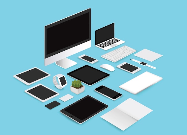 Office mockup set collection illustration on blue background