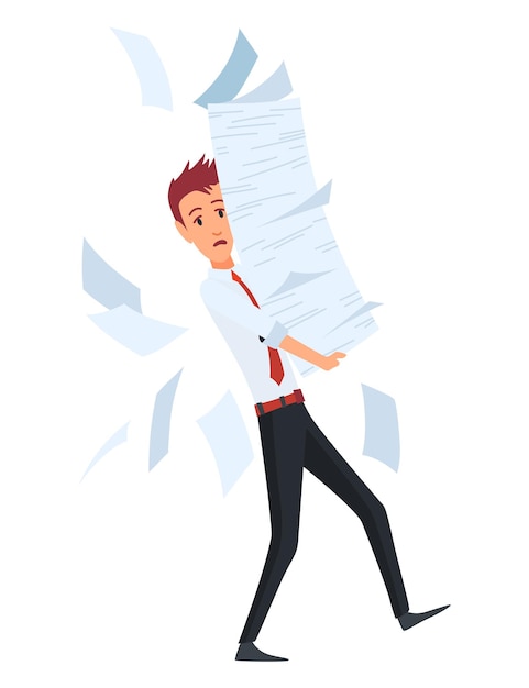 Office paperwork Office worker with stack of documents Concept man of office work with stress and overworking Bureaucracy and overwork