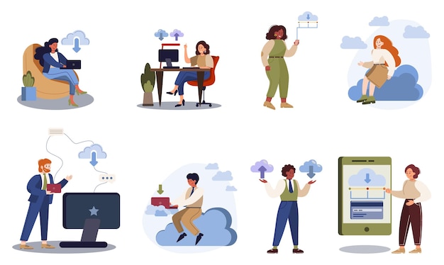 Office people and the cloud technology. Data information exchange, cloud technology concept. Idea of modern digital technology and information protection. Vector flat illustration