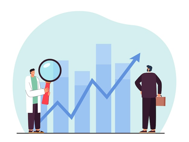 Office person looking at business statistics. Employee with magnifier examining bar graph with up arrow flat vector illustration. Investment, success, finances concept for banner or landing web page