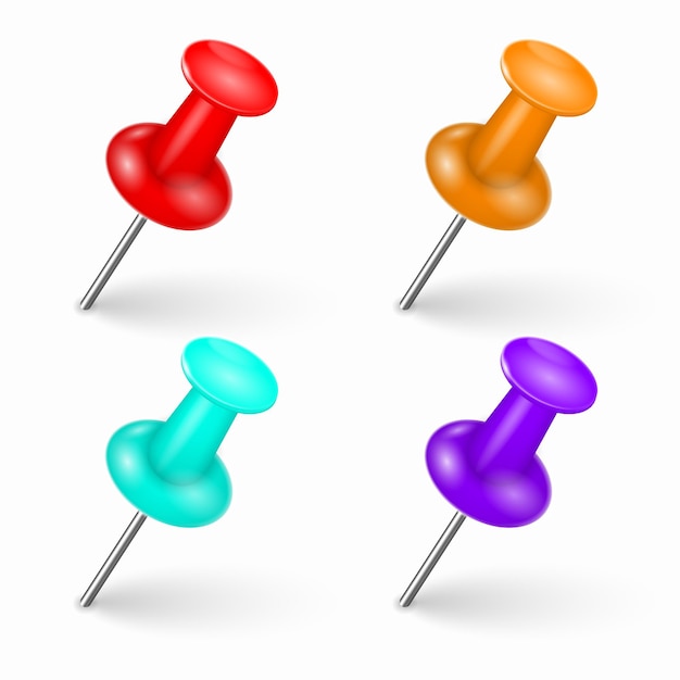 Office pushpins with metal needle head Realistic pin tack stationery Push pins Board tacks Vector