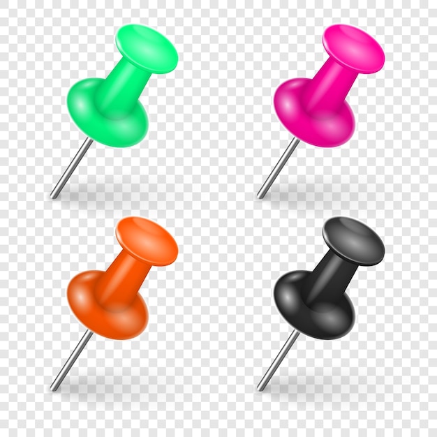 Office pushpins with metal needle head Realistic pin tack stationery Push pins Board tacks Vector