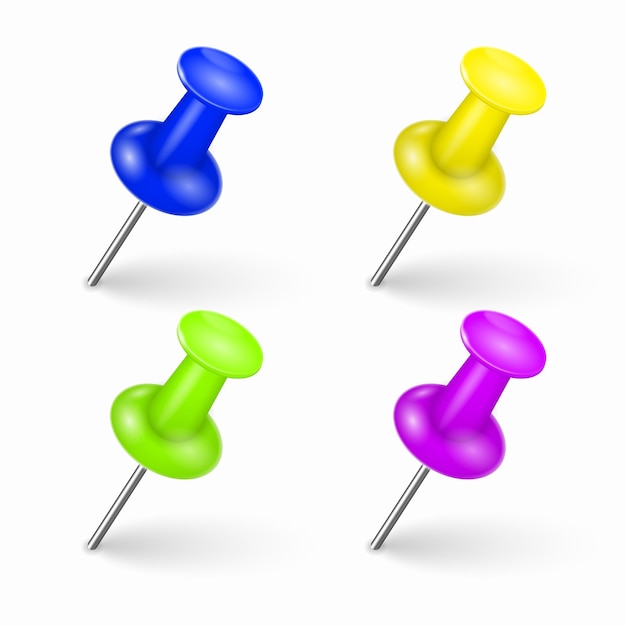 Office pushpins with metal needle head Realistic pin tack stationery Push pins Board tacks Vector