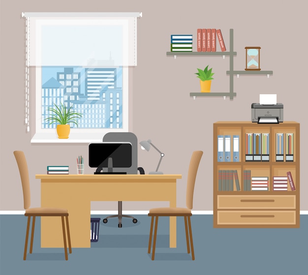 Office room interior design with furniture and window without people.