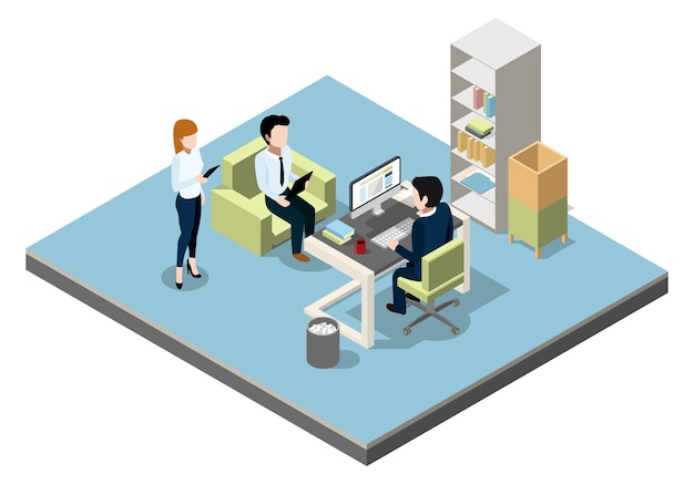 Office room interior Isometric people working scene