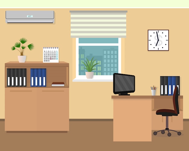 Office room interior. Workspace design with clock, air conditioning and cityscape outside window.