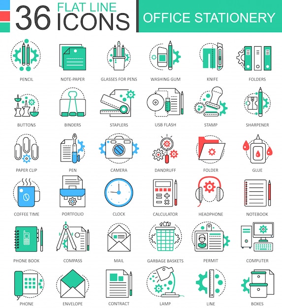 Office stationery color flat line icons