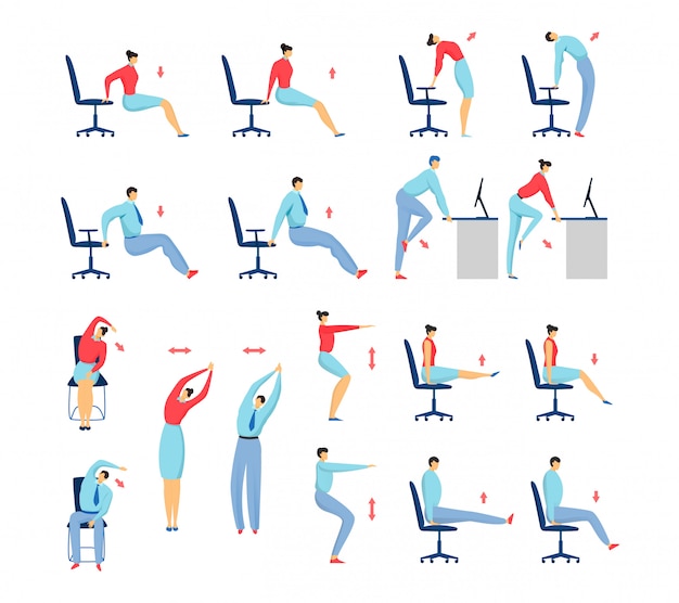 Vector office stretching exercises people set of isolated  illustration, business man and woman on chair workout and fitness.