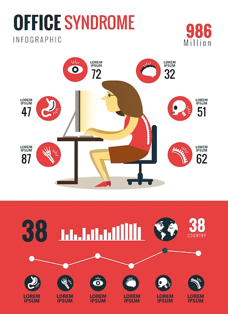 Vector office syndrome infographics. flat character and icons design. vector illustration