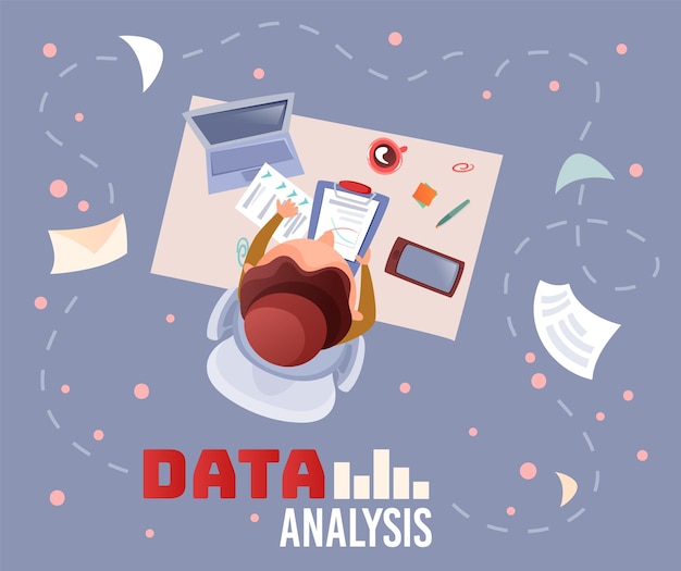 Office table topview with businesswoman working data analysing text at flat illustration