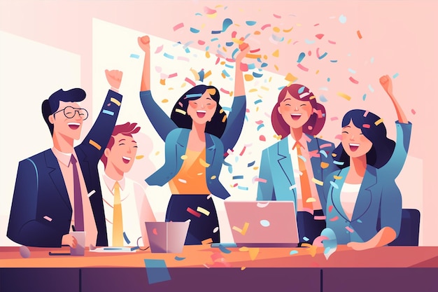 Vector office team celebrating in dynamic vector illustration