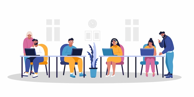 Office team work business flat web  illustration. Staff working at table with laptop and headsets. Effecient modern business company with professionals. Office people collection.