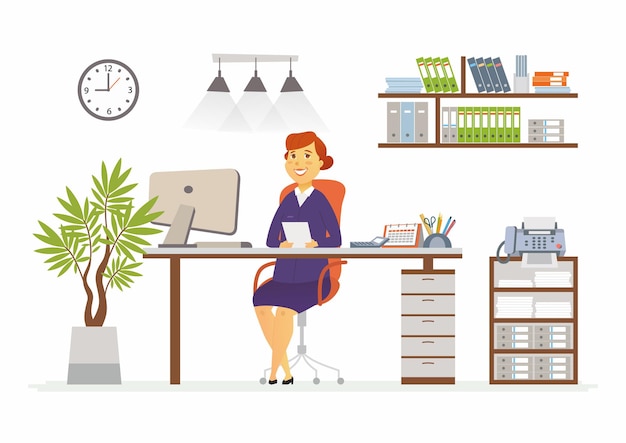 Office Woman - vector flat illustration of an employer, colleague, employee. A female worker cartoon character, desk, work station. Clock, cabinet, plant, book, shelf, lights, computer, fax