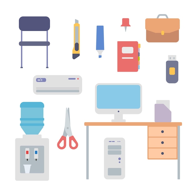 Office work equipment icon set. Desk with computer and folder of documents