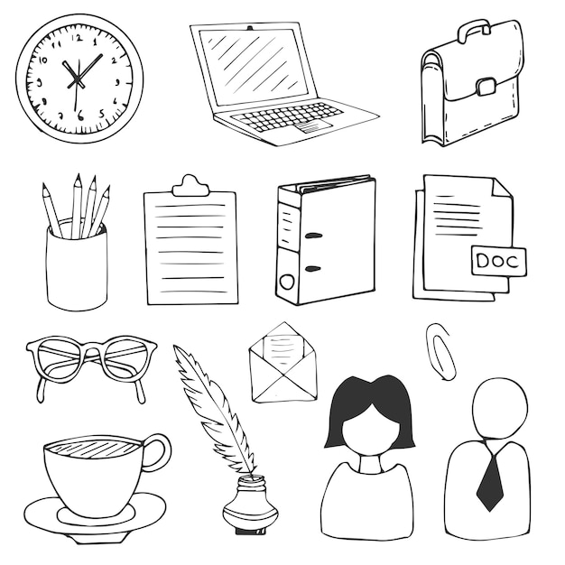 Office Work Hand Drawn Vector Illustration Objects Set