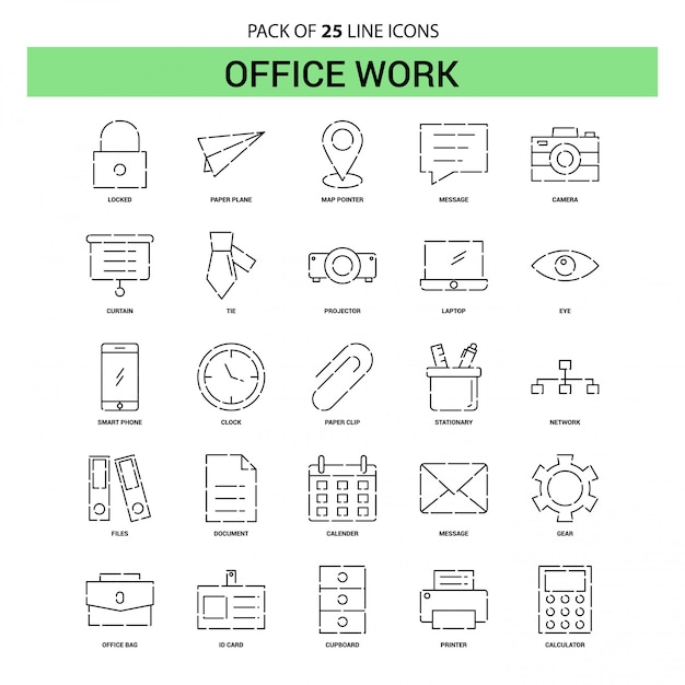 Office work Line Icon Set - 25 Dashed Outline Style