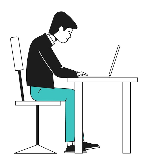 Office work. Man working at computer. Remote workspace. Vector illustration