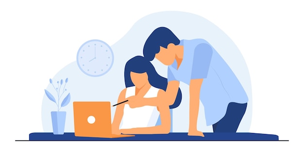 Office worker illustration. Co-working space with creative people sitting at the table. Business team working together at the big desk using laptops. Flat     illustration.