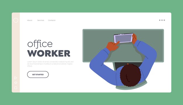 Vector office worker landing page template man with smartphone sit at desk male character sitting at workplace in office