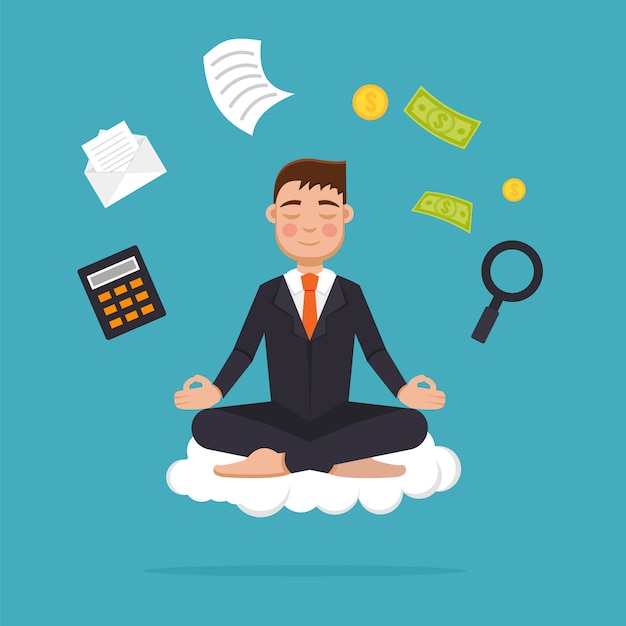 Office worker  meditating, sitting in lotus pose.  Businessman meditation and  multitasking concept.  illustration.