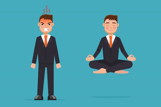 Vector office worker  meditating, sitting in lotus pose. calm and angry.  businessman meditation  concept.  illustration.