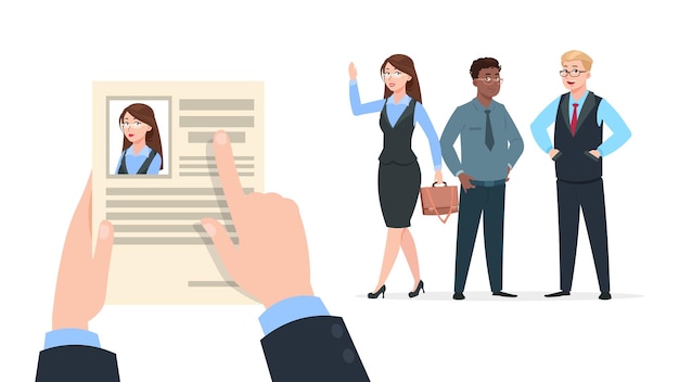 Office worker recruitment. Human resource hire employee, recruiter choices. Happy young woman has job, Hr manager choose female and not man. Business success, cartoon people vector illustration