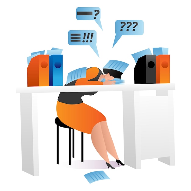 Vector office worker woman character stressful workplace sleeping businesswoman cartoon vector