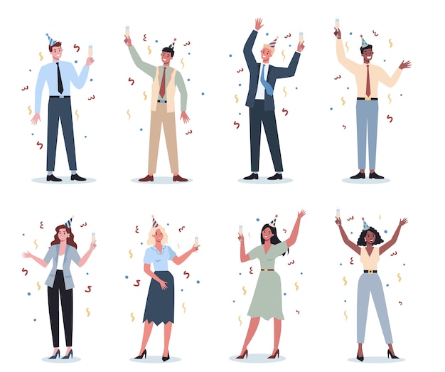 Office worker at work party set. Collection of business people in party hat dancing with a glass of alcohol. Employee having fun at workplace.