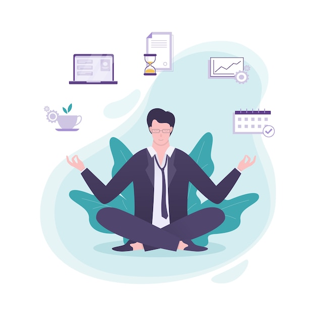 Vector office worker in yoga pose. meditation on the work