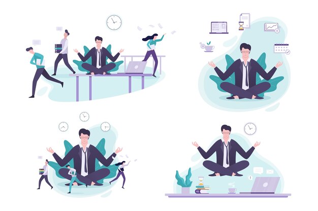 Vector office worker in yoga pose set. meditation on the work