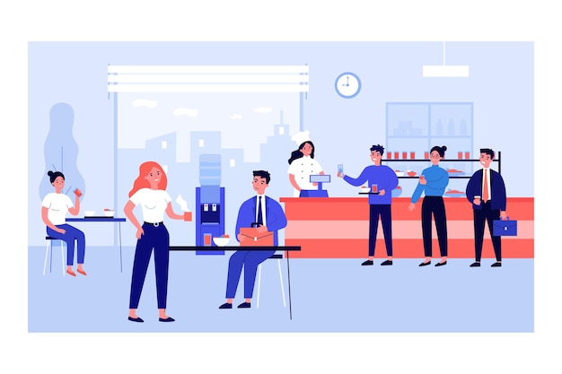 Office workers eating at cafeteria. Employees standing in line, putting food on trays and talking flat vector illustration. Lunch break, communication concept for website design or landing web page