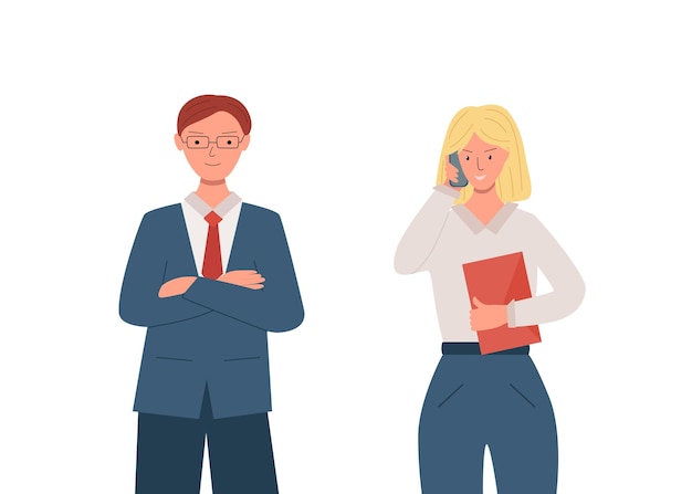 Office workers a man in a jacket and a woman with a phone and documents Two business characters vector illustration