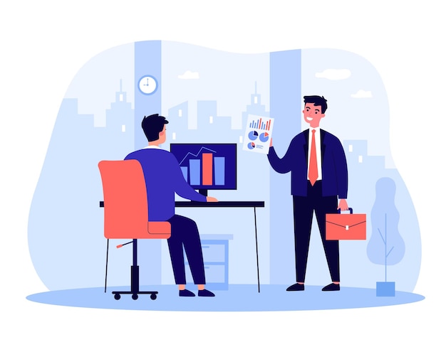 Office workers working on analysis of trade information. Happy person holding financial data report flat vector illustration. Finance, market concept for banner, website design or landing web page