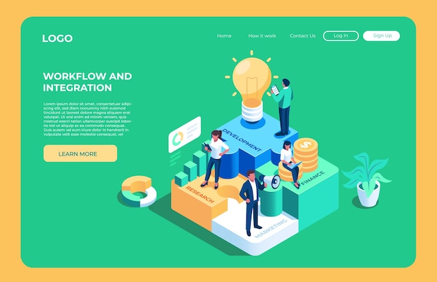 Office workflow and department integration isometric vector illustration concept