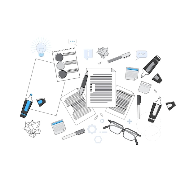 Office Workplace Desk Top Angle View Thin Line Vector Illustration