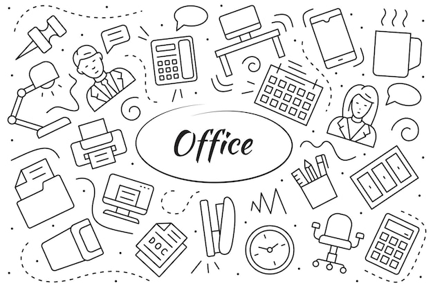 Office workspace objects and elements set. Simple vector line illustration.