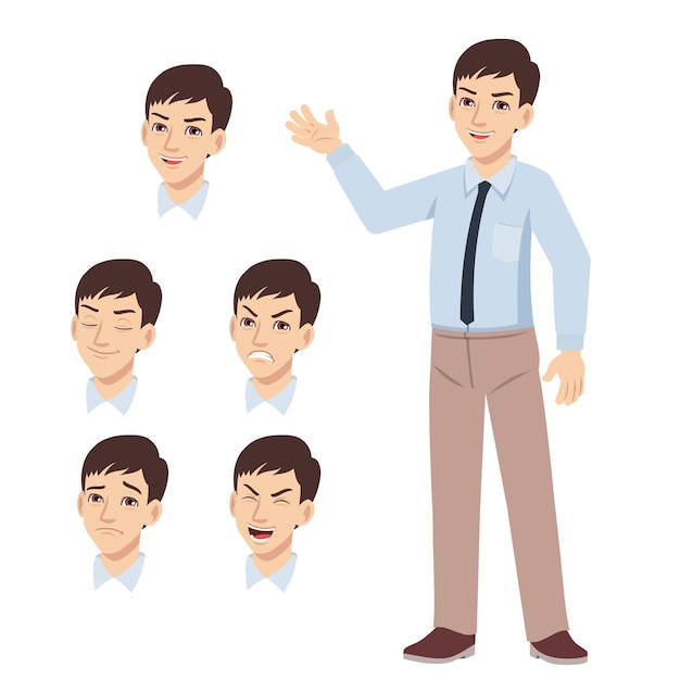 Office young man standing waved hand and difference face expression set