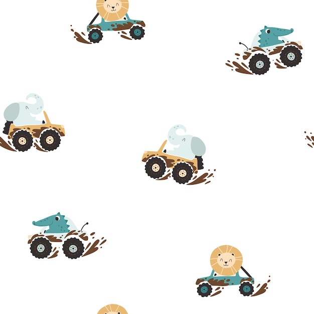 Offroad animals in cars in the mud seamless pattern Cartoon characters elephant crocodile and lion