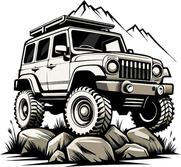 Vector offroad jeep vector illustration with mountain background and rugged tires for adventure