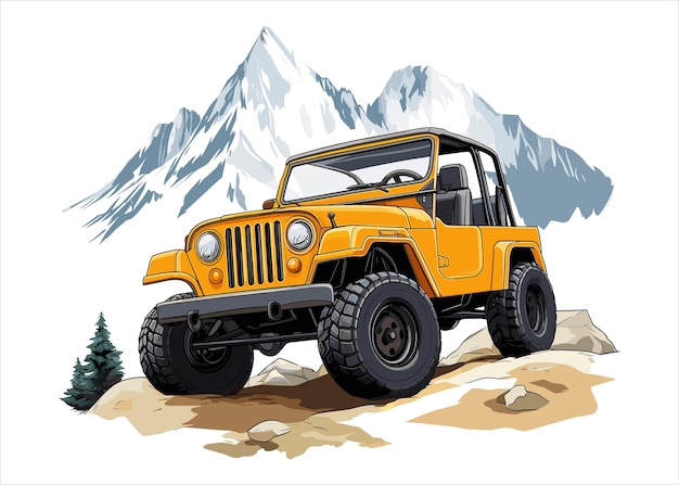 OffRoad Jeep Vector Illustration With Mountain Background and Rugged Tires for Adventure