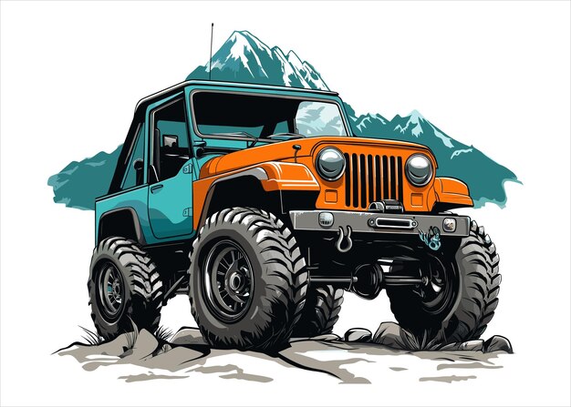 Vector offroad jeep vector illustration with mountain background and rugged tires for adventure