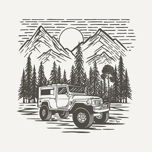 OFFROAD SUV VEHICLE WITH FOREST AND MOUNTAIN BACKGROUND PREMIUM VECTOR