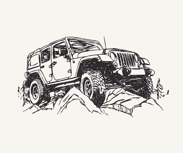 Vector offroad vehicle in the mountains vector hand drawn illustration